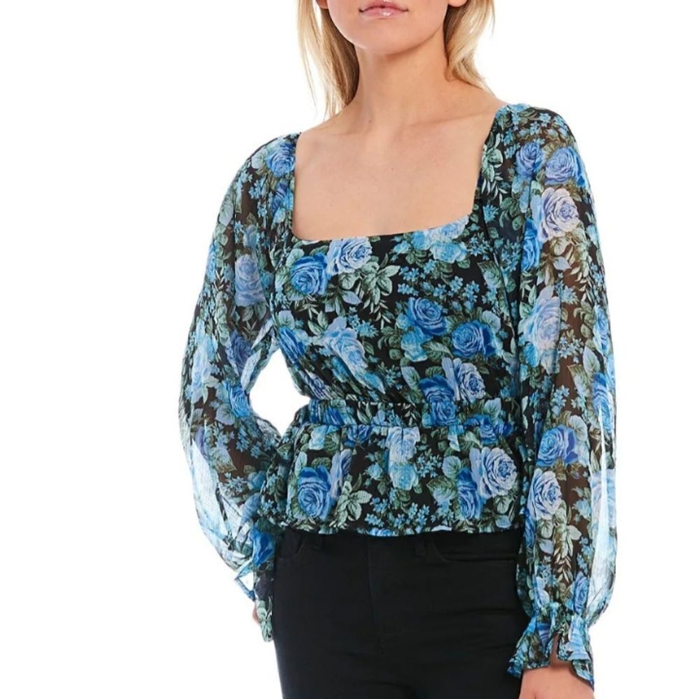 WAYF Womens blue rose floral print square neck sheer sleeve top sz S Whimsigoth